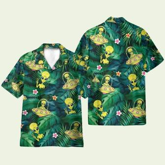 Hippie Alien Ufo In Tropical Green Leaves Hawaiian Shirt | Newhawaiianshirts