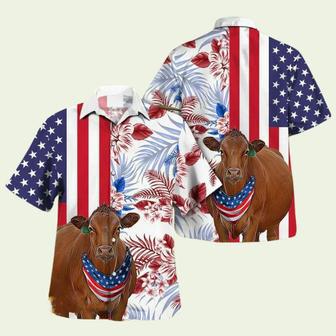 Independence Day Gelbvieh Cattle Art With American Flag Tropical Plant Hawaiian Shirt | Newhawaiianshirts UK