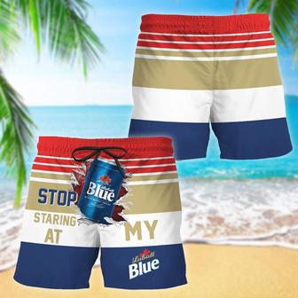 Labatt Blue Stop Staring At Horizontal Striped Swim Trunks | Newhawaiianshirts DE