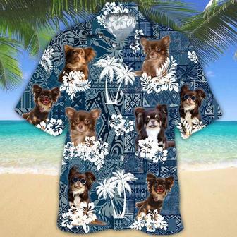 Long Haired Chihuahua Hawaiian Tropical Plants Pattern Blue And White All Over Printed Hawaiian Shirt Summer Gifts | Newhawaiianshirts CA