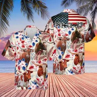 Longhorn Cattle American Flag Hawaiian Flowers All Over Printed Hawaiian Shirt Summer Gifts | Newhawaiianshirts CA