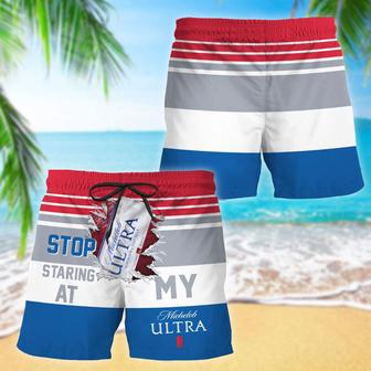 Michelob Ultra Stop Staring At Horizontal Striped Swim Trunks | Newhawaiianshirts