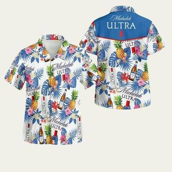 Michelob Ultra White With Blue Leaf Button Hawaiian Shirt | Newhawaiianshirts UK