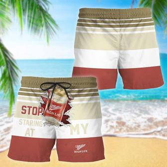 Miller High Life Stop Staring At Horizontal Striped Swim Trunks | Newhawaiianshirts CA