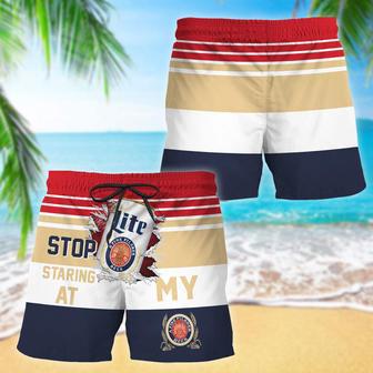 Miller Lite Stop Staring At Horizontal Striped Swim Trunks | Newhawaiianshirts DE