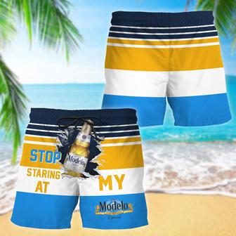 Modelo Stop Staring At Horizontal Striped Swim Trunks | Newhawaiianshirts