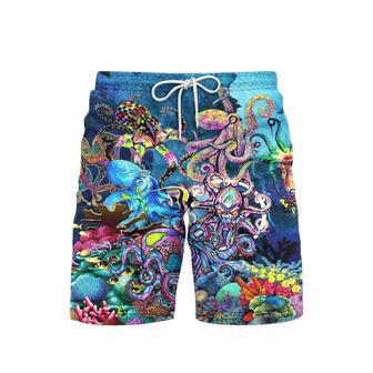 Neon Colorful Octopus In The Deep Ocean Beach Shorts For Men | Newhawaiianshirts