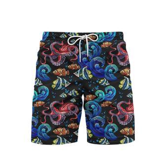 Octopus With Sea Wave Pattern Blue Beach Shorts For Men | Newhawaiianshirts