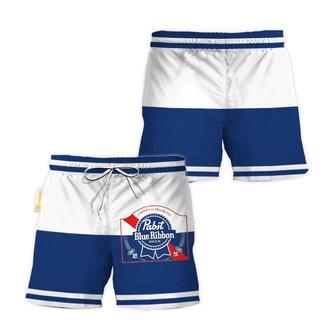 Pabst Blue Ribbon Blue And White Basic Swim Trunks | Newhawaiianshirts AU