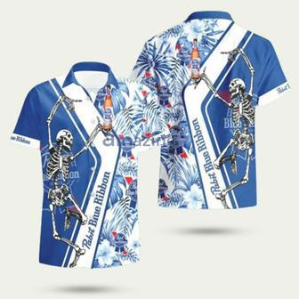 Pabst Blue Ribbon Skeleton Dancing Happy Hawaiian Shirt | Newhawaiianshirts