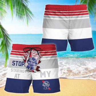 Pabst Blue Ribbon Stop Staring At Horizontal Striped Swim Trunks | Newhawaiianshirts AU