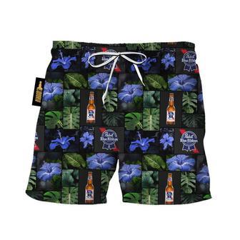 Pabst Blue Ribbon Tropical Hibiscus Flower Swim Trunks | Newhawaiianshirts CA