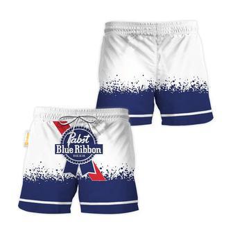 Pabst Blue Ribbon White Blue Basic Swim Trunks | Newhawaiianshirts AU