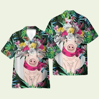 Pig With Flower Hair Wreath Tropical Pattern Hawaiian Shirt | Newhawaiianshirts CA