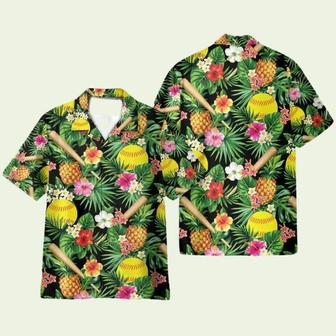 Pineapple Softball In Tropical Green Leaves Hawaiian Shirt | Newhawaiianshirts UK