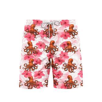 Tropical Flowers Hibiscus Octopus Pink Flowers Beach Shorts For Men | Newhawaiianshirts UK