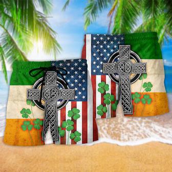 American Flag Celtic Cross Irish Saint Patrick's Day All Over Beach Short | Newhawaiianshirts