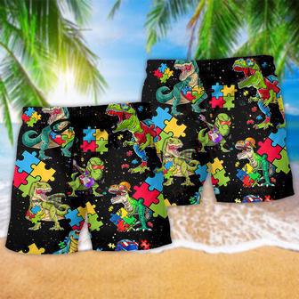 Autism Dinosaur Cool Black Beach Short | Newhawaiianshirts AU