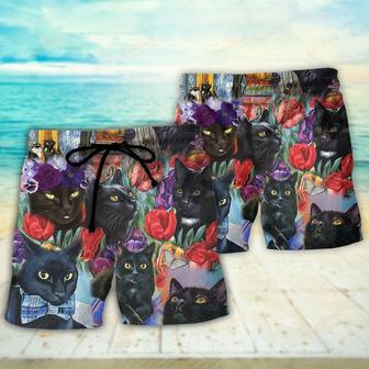 Black Cat Art With Flowers Beach Short | Newhawaiianshirts CA