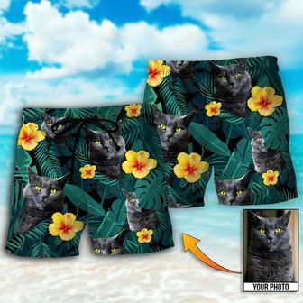 Black Cat Green Tropical Custom Photo Beach Short | Newhawaiianshirts