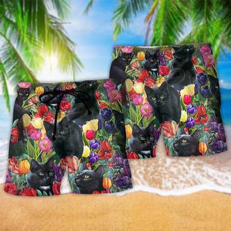 Black Cat Love Flowers Colorfull Beach Short | Newhawaiianshirts CA