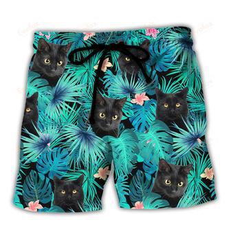 Black Cat Lover Tropical Leaf Beach Short | Newhawaiianshirts AU