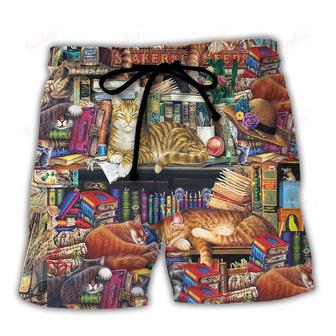 Book Happiness Is A Good Book And A Lovely Cat Sleeping Beach Short | Newhawaiianshirts AU