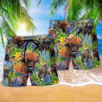 Buffalo Love Animals Green Floral Field Beach Short | Newhawaiianshirts AU