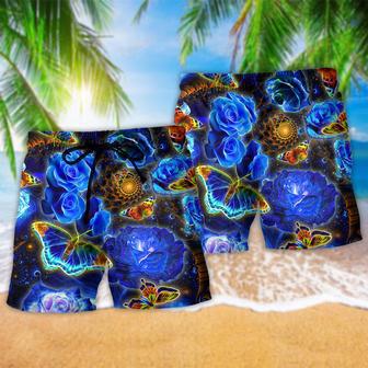 Butterfly Flower Glowing Blue Rose Beach Short | Newhawaiianshirts CA