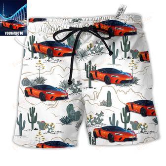 Car Desert With Mountains Blooming Cacti Opuntia And Saguaro Custom Photo Beach Short | Newhawaiianshirts DE