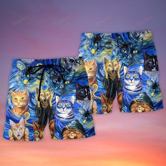 Cat Starry Night Funny Cat Painting Art Style Beach Short | Newhawaiianshirts UK