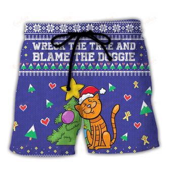 Cat Wreck The Tree And Blame The Doggie Christmas Beach Short | Newhawaiianshirts