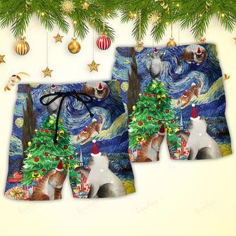 Christmas Cat Playing In Starry Night Beach Short | Newhawaiianshirts AU