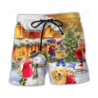 Christmas Children And Animals Love Christmas In The Town Art Style Beach Short | Newhawaiianshirts CA