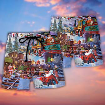 Christmas Holiday Santa Claus in a Train Beach Short | Newhawaiianshirts