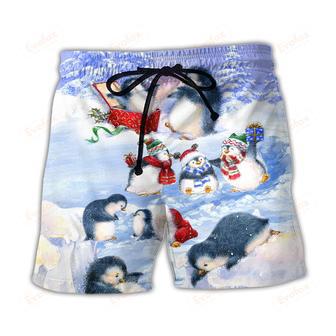 Christmas Penguin Family In Love Christmas Art Style Beach Short | Newhawaiianshirts AU