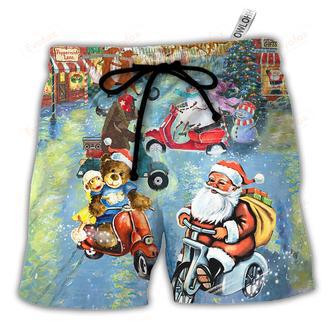 Christmas Santa And Animal Driving Scooter Beach Short | Newhawaiianshirts DE