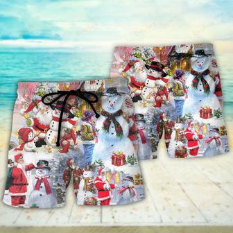 Christmas Santa And Snowman Christmas Snow Village Beach Short | Newhawaiianshirts