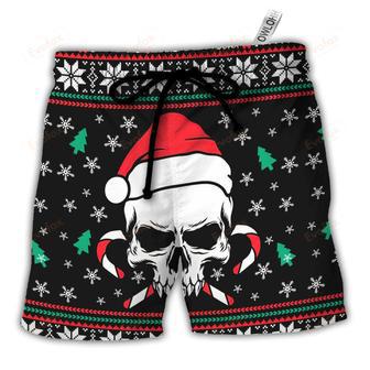 Christmas Skull Wearing Santa Claus Hat And Sweat Candy Beach Short | Newhawaiianshirts UK