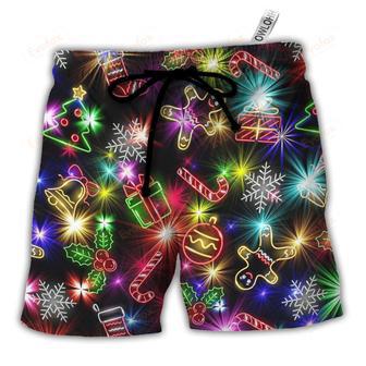 Christmas With Tree And Gift Cookies Gingerbread Man Neon Style Beach Short | Newhawaiianshirts DE