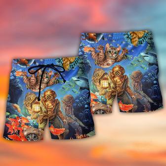 Diving Cat Under The Sea Art Style Beach Short | Newhawaiianshirts DE