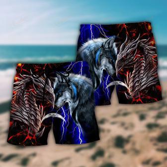 Dragon And Wolf Red And Blue Beach Short | Newhawaiianshirts DE