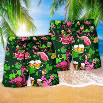 Flamingos Drink Beer Patricks Day Pattern Beach Short | Newhawaiianshirts AU