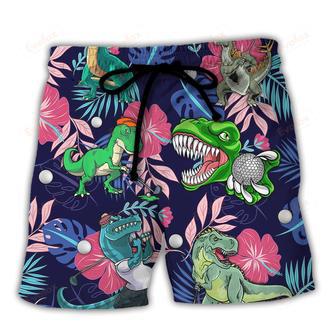 Golf Funny Dinosaur Playing Golf Back Nines Matter Tropical Golf Lover Beach Short | Newhawaiianshirts UK