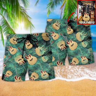 Guitar Tropical Leaf Green Custom Photo Beach Short | Newhawaiianshirts