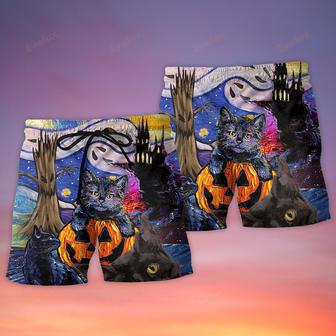 Halloween Black Cat Starry Night Funny Cat Painting Art Style Beach Short | Newhawaiianshirts CA