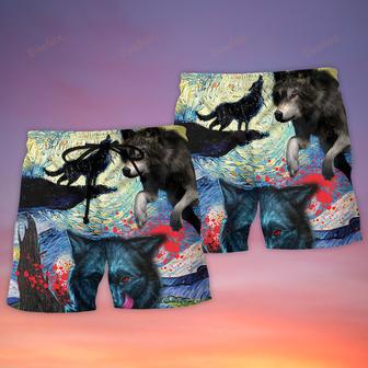 Halloween Black Wolf Crazy Starry Night Blood Art Style Beach Short | Newhawaiianshirts CA