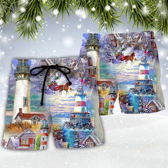 Lighthouse Christmas Santa Through The Storm Beach Short | Newhawaiianshirts