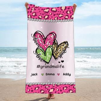 Live Love Spoil Grandma Leopard Heart Personalized Beach Towels | Newhawaiianshirts