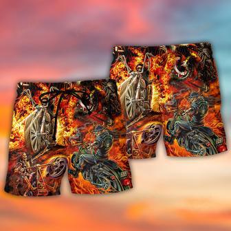 Motorcycle Lover Skull Fire Burning Art Style Beach Short | Newhawaiianshirts AU